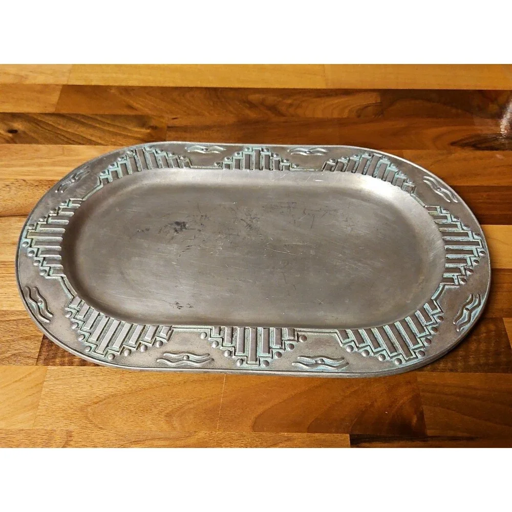 Vintage Wilton Armetale Zia Turquoise Southwestern Oval Serving Platter  12”